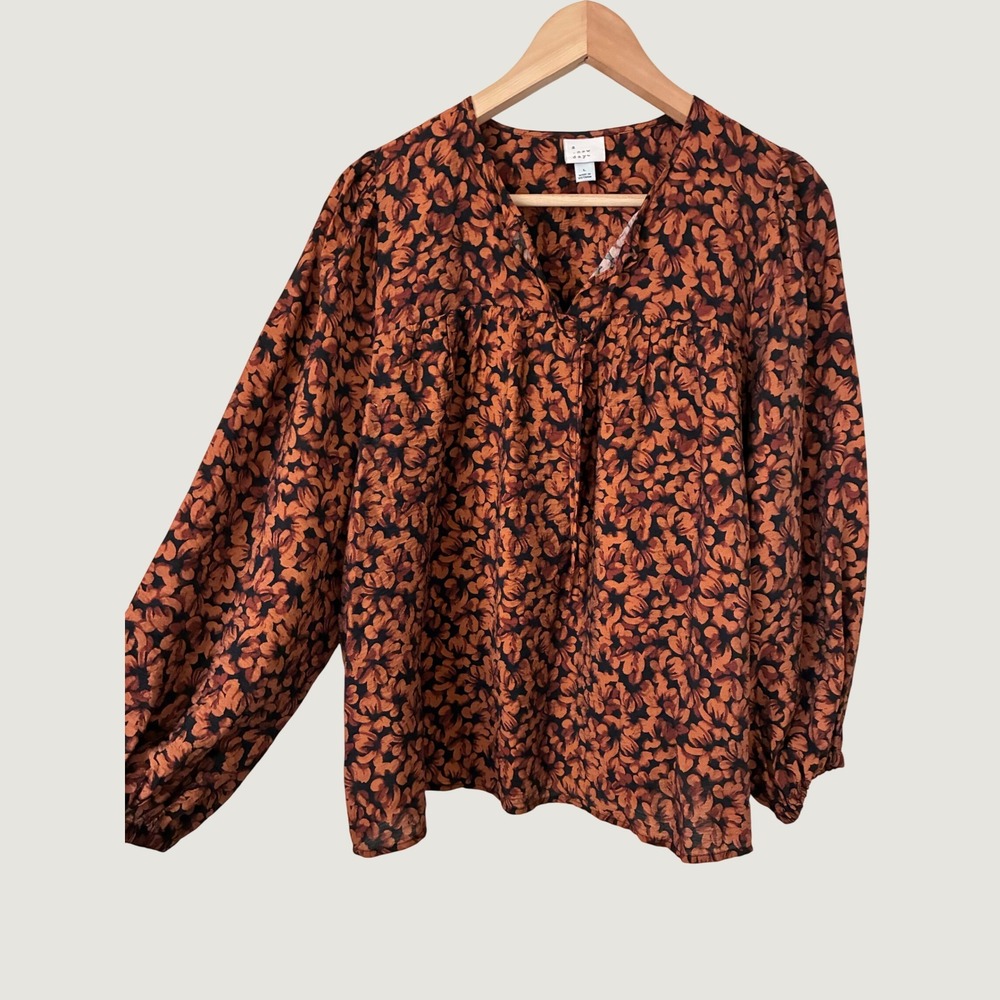 A New Day Orange Black Long Sleeve Floral Boho‎ Balloon Sleeve Blouse Large